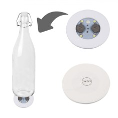 Suport LED pentru Sticle, 6 cm, Alb, 4 LED-uri, Alimentare Baterii CR1220, Buton Pornit/Oprit