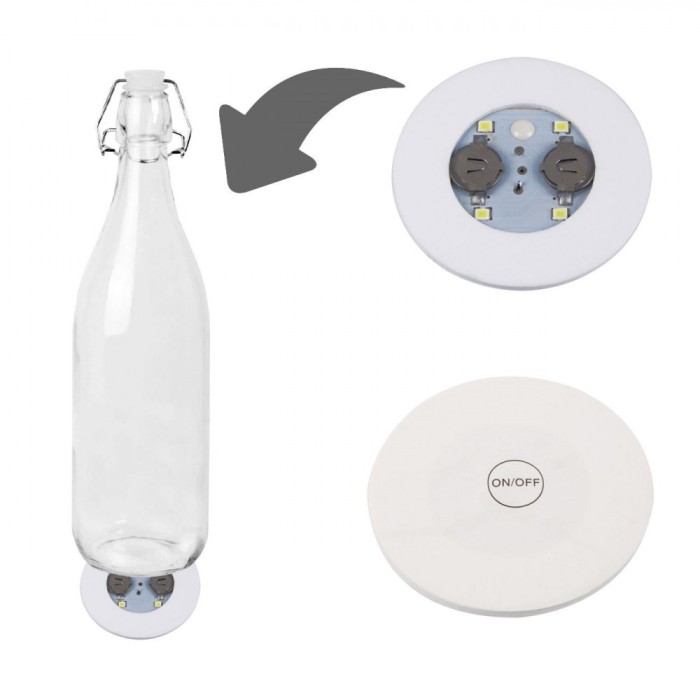 Suport LED pentru Sticle, 6 cm, Alb, 4 LED-uri, Alimentare Baterii CR1220, Buton Pornit/Oprit