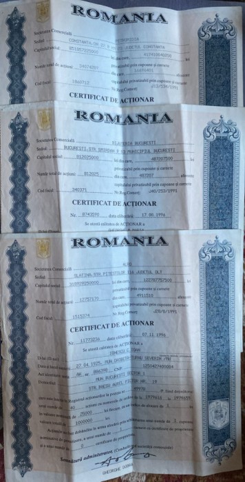 ROMANIA LOT SAPTE (7) ACTIUNI 1996,,MAREA CUPONIADA&quot;/BIJUTERIA BUC.,ALRO SLATINA