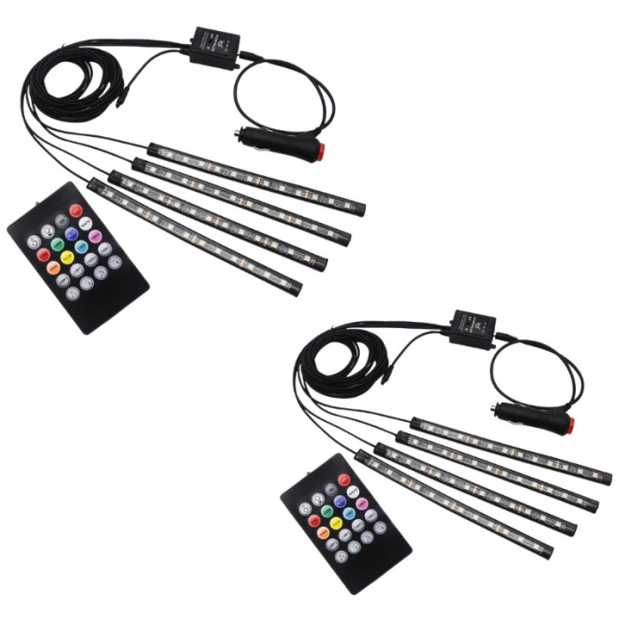 Set 2 x Iluminare Ambientala Auto Banda LED RGB, Interior Masina, 4 Benzi, 48 Leduri SMD, 12V, Senzor Muzica, Intensitate Reglabila, Incarcare la Bric