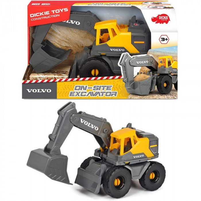 Excavator Volvo cu parti mobile, cabina deschisa, lungime 26 cm