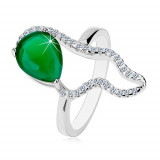 Inel din argint 925 - zirconiu mare verde &icirc;n formă de lacrimă, contur asimetric transparent - Marime inel: 57