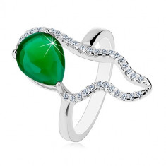 Inel din argint 925 - zirconiu mare verde în formă de lacrimă, contur asimetric transparent - Marime inel: 53