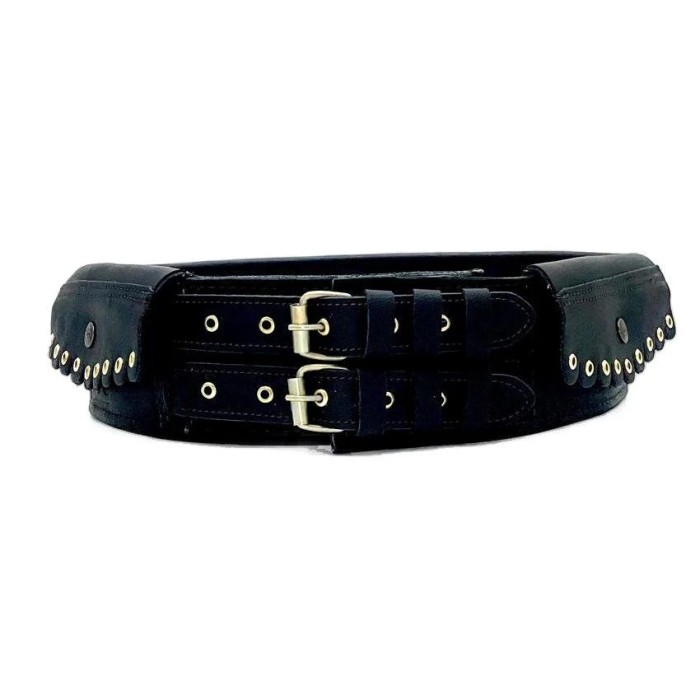 Chimir traditional din piele naturala, 2 catarame negru, 74x10 cm