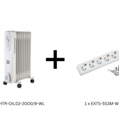 Pachet promotional Radiator electric portabil cu ulei, 9 elementi, 2000W + Prelungitor 5 prize, 3m Well