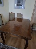 Masa (vintage) din lemn masiv - 6 persoane (extensibilă pt 12) + 6 scaune tapițate