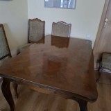 Masa (vintage) din lemn masiv - 6 persoane (extensibilă pt 12) + 6 scaune tapițate