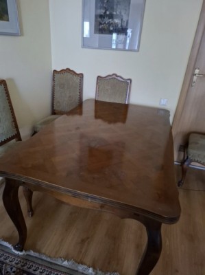 Masa (vintage) din lemn masiv - 6 persoane (extensibilă pt 12) + 6 scaune tapițate foto