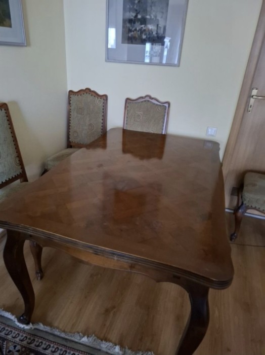 Masa (vintage) din lemn masiv - 6 persoane (extensibilă pt 12) + 6 scaune tapițate