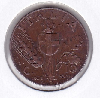 Italia 10 Centesimi Victor Emmanuel III 1939 foto