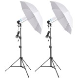 Cumpara ieftin Set iluminare studio foto video cu trepied 200 cm, umbrela foto 87 cm, fasung E27 145w 5500K, echipament profesional pentru content creation si stream