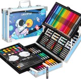 Cumpara ieftin Set de pictura si desen pentru copii WePro Store, 145 de piese, Cutie Metalica, 3 ani +, Albastru astronaut