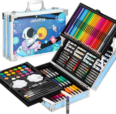 Set de pictura si desen pentru copii WePro Store, 145 de piese, Cutie Metalica, 3 ani +, Albastru astronaut foto