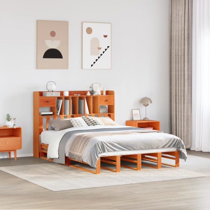 vidaXL Pat cu bibliotecă fără saltea maro 140x190 cm lemn masiv de pin 3323988