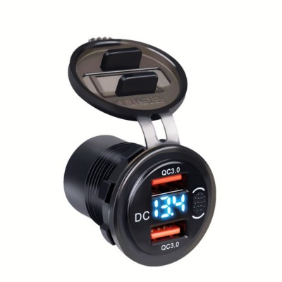 Incarcator Auto QC3.0 Dual USB Rezistent la Apa cu Voltmetru și Comutator, Adaptor de Incarcare Rapida 12/24V, Afisaj LED, Ideal Masini si Camioane foto