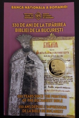 100 LEI 2018 - MONEDA AUR - 330 ANI DE LA TIPARIREA BIBLIEI DE LA BUCURESTI foto