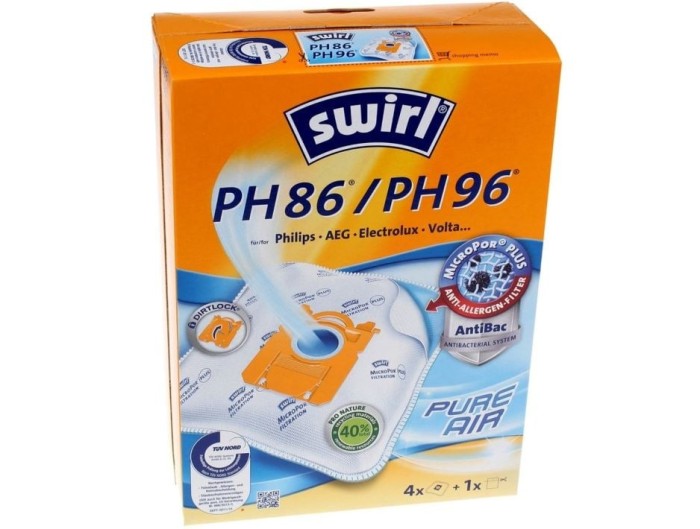 Swirl PH86 - 4 Sacchetti Per Aspirapolvere Originali + 1 Filtro, Per Philips, AEG, Electrolux, Volta, 40% Materiale Riciclato