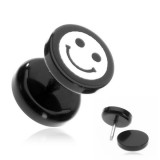 Plug pentru ureche din acrilic - un smiley pe o componentă neagră, rotundă