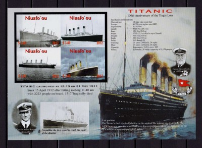 ✅ 2012 Niuafo&amp;#039;ou Niua Islands &amp;#039;&amp;quot; Titanic-100 ani &amp;quot; , bloc mare nedantelat, cota mare! Michel 22 Є , Mi. 469/473 ,MNH foto