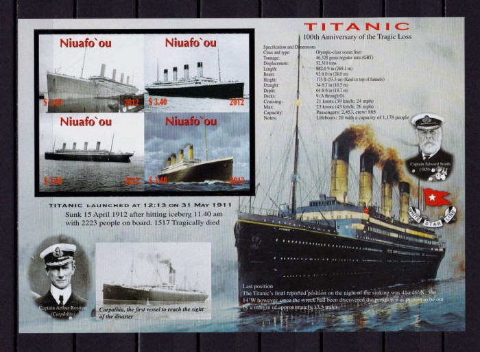 ✅ 2012 Niuafo&#039;ou Niua Islands &#039;&quot; Titanic-100 ani &quot; , bloc mare nedantelat, cota mare! Michel 22 Є , Mi. 469/473 ,MNH