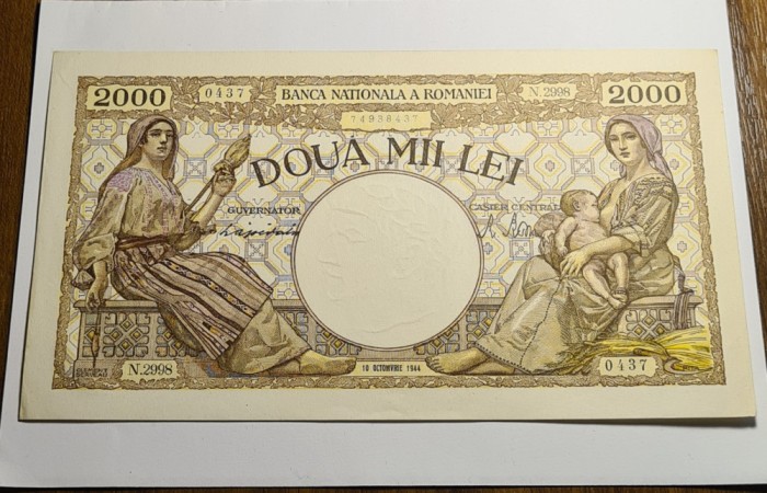 2000 lei 1944 Octombrie filigran Traian UNC
