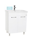 Set mobilier baie GN0541, front MDF, cu lavoar ceramic, 60 cm, 2 usi, 2 rafturi, picioare cromate reglabile, balamale soft close, alb