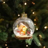 Glob pentru Bradul de Craciun LED, Flippy, Model C, Glob Transparent cu Figurina Casa si Om de Zapada iluminat LED, Diametrul 10 cm, Baza Solida, Tran