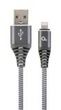 CABLU alimentare si date GEMBIRD, pt. smartphone, USB 2.0 (T) la Lightning (T), 1m, premium, cablu cu impletire din bumbac, gri cu insertii albe, &quot;CC-