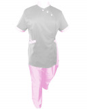 Costum Medical Pe Stil, Alb cu Elastan cu Garnitură roz reschis si pantaloni roz deschis, Model Andreea - XL, 4XL
