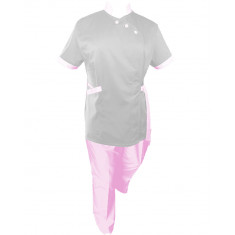 Costum Medical Pe Stil, Alb cu Elastan cu Garnitură roz reschis si pantaloni roz deschis, Model Andreea - 4XL, 3XL
