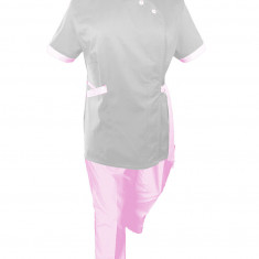 Costum Medical Pe Stil, Alb cu Elastan cu Garnitură roz reschis si pantaloni roz deschis, Model Andreea - 2XL, 3XL