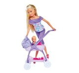 Cumpara ieftin Papusa Steffi in pantalonasi mov cu carucior bebe