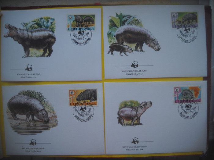 HOPCT PLIC S 1099 SET 4 FDC LIBERIA HIPOPOTAMI 1984 WWF