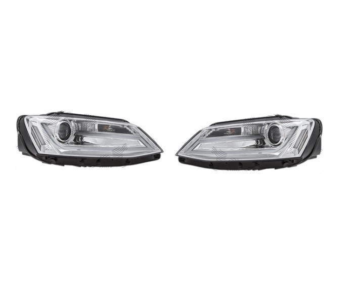 Far Volkswagen Jetta (1b), 07.2010-, model tuning, montare fata, stanga+dreapta, cu lumina de parcare LED; H1+H1+LED; electric; cromat, transparent;