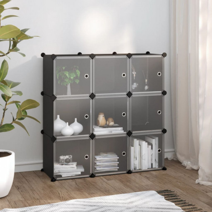 vidaXL Organizator cub de depozitare cu uși, 9 cuburi, negru, PP