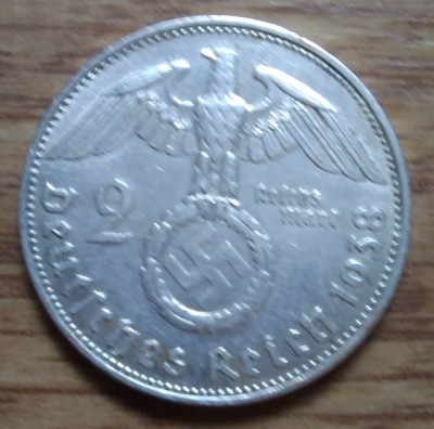 Moneda argint 2 mark (mărci) 1938 Germania III REICH foto