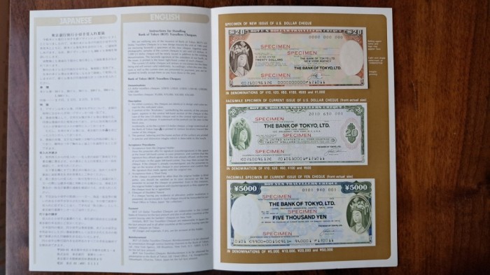 1983 cec Travellers SPECIMEN 20$ si 2 facsimile cecuri 20 $ si 5000 YEN Stare perfecta