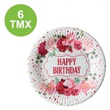 Set Farfurii Carton Petrecere, Model Floral Roz, Diametru 23cm, 6 Bucăți