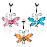Piercing pentru buric - fluture, zircon colorat, antene cu model - Culoare zirconiu piercing: Albastru deschis - Q