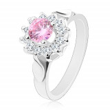 Inel de culoare argintie, floare din zirconiu transparent şi zirconiu roz, frunze lucioase - Marime inel: 55