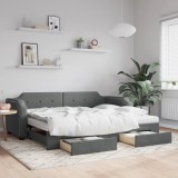 vidaXL Pat de zi cu extensie și sertare, gri &icirc;nchis, 90x190cm, textil