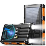 Baterie Externa Solara Linomag&reg;, Power Bank 30000 mAh, 4 cabluri, 4 porturi, Incarcare wireless, Busola &amp; Lanterna incorporate, Incarcare rapida, Wate