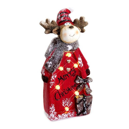 Decoratiune Craciun, ceramica, ren in camasa rosie, Merry Christmas, LED, 3xAAA, 19x10x42 cm, Chomik GartenVIP DiyLine