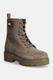 Tommy Jeans botine TJW URBAN LACE UP SUEDE femei, culoarea bej, cu toc plat, EN0EN02630