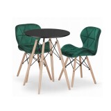 Cumpara ieftin Set masa rotunda stil scandinav + 2 scaune Lago catifea verde, Artool, MDF negru si lemn, 60x72 cm, Leobert