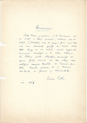 A3253N Document scris și semnat olograf de Liviu Călin referitor la I D Teodorescu, 1969 foto