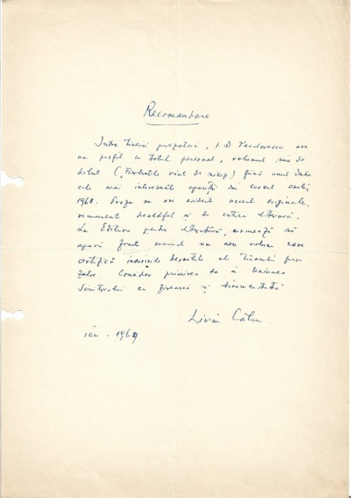A3253N Document scris și semnat olograf de Liviu Călin referitor la I D Teodorescu, 1969
