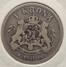 Suedia 1 Korona 1901 moneda din argint rara tiraj mic km # 760 AG. 800