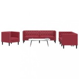 Set canapele Chesterfield cu 3 locuri roșu vin piele eco.