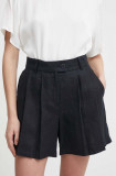 Sisley pantaloni scurti din in culoarea negru, neted, high waist